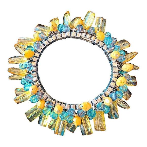Beaded bracelet with faceted rectangular gold glass , blue and cream beads O/S - Picture 1 of 7